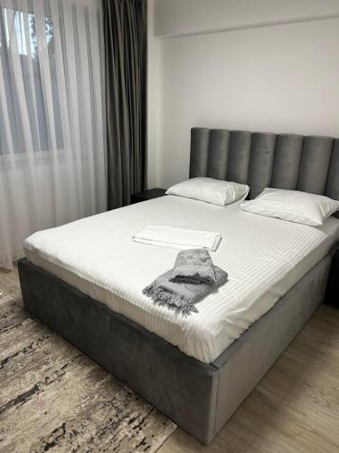 1 cama en un dormitorio con cabecero gris en Traian Taranu Apartment en Suceava