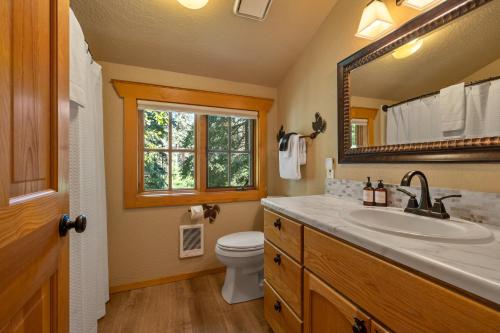 a bathroom with a sink and a toilet and a mirror at Metolius Cabin 1 in Camp Sherman