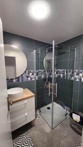 een badkamer met een glazen douche en een wastafel bij Charmant appartement au cœur de ville de Toul in Toul