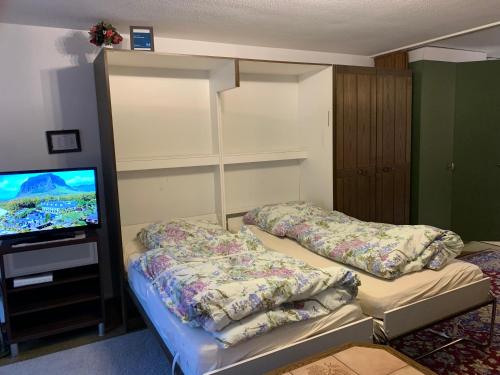 a bedroom with two beds and a flat screen tv at Hilburgs-Domizil in Zermatt