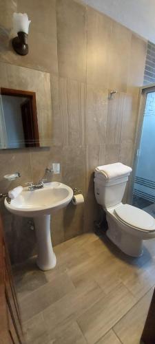 a bathroom with a toilet and a sink at Hotel Suites La Fortuna in Mazamitla