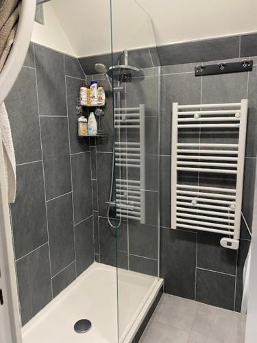 une salle de bain avec une douche avec une porte vitrée dans l'établissement DERNIER ETAGE TERRASSE Pte St Coud, à Boulogne-Billancourt