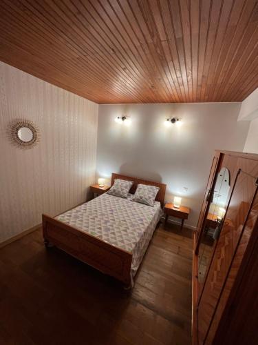 een slaapkamer met een bed en 2 verlichting aan het plafond bij Gîte le clos in Saint-Sulpice-de-Faleyrens