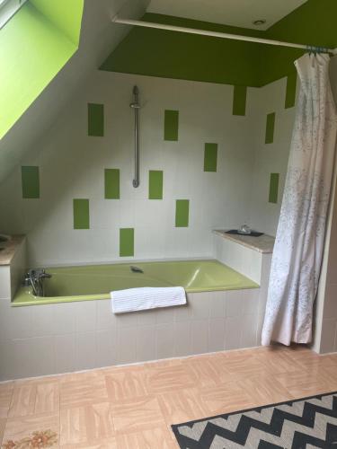 Habitación con baño con bañera verde. en Chambre de la cime des pins, en Crévin