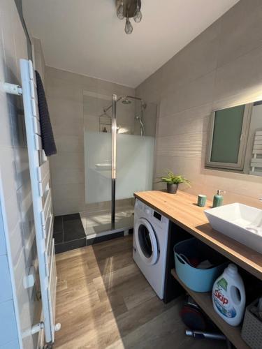 La salle de bains est pourvue d'un lave-linge et d'une douche. dans l'établissement Splendide Appartement Joliette parking securisé, à Marseille