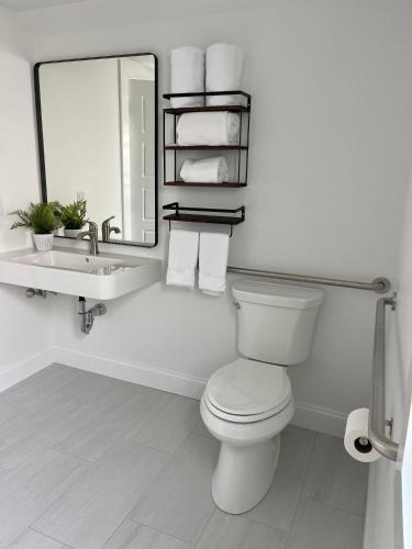 a bathroom with a toilet and a sink and a mirror at Kingfisher Harwich Port in Harwich Port