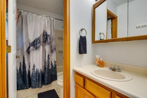 uma casa de banho com um lavatório e uma cortina de chuveiro em Pet-Friendly Union Vacation Rental with Pool! em Union