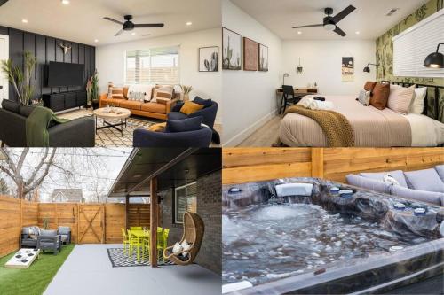 a collage of pictures of a bedroom and a living room at Wild West Disco Haus 2! New Hot Tub, Patio + Gym in Denver
