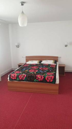 a bedroom with a bed with a red carpet at Casă privată in Rozavlea