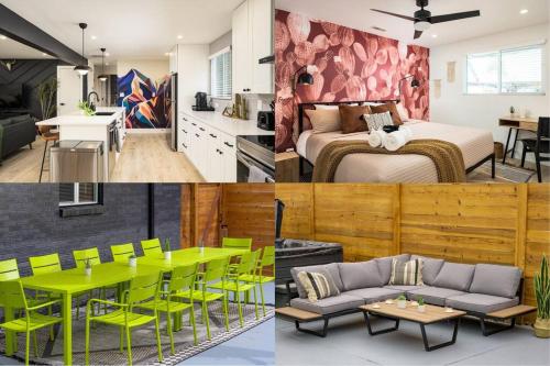 a kitchen and a bedroom with a bed and a table at Wild West Disco Haus! New Hot Tub, Patio + Gym in Denver