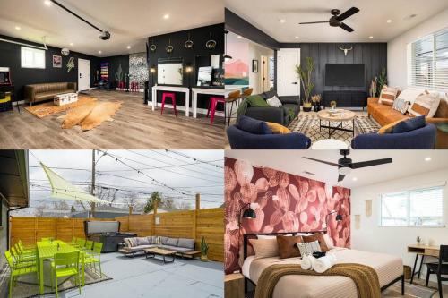 a collage of three pictures of a living room at Wild West Disco Haus! Sleeps 12, Hot Tub + Gym! in Denver