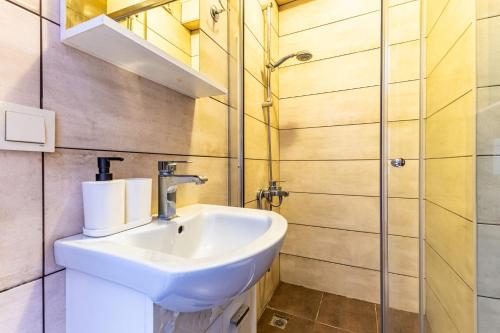 a bathroom with a sink and a shower at Convenient Flat 10 min to Taksim and Citys Mall in Istanbul