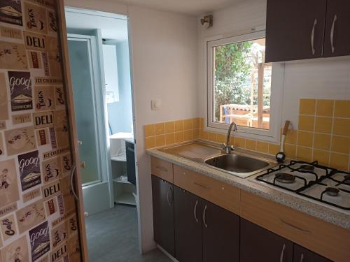 une cuisine avec un évier et une fenêtre dans l'établissement Mobile Home, à Avrillé