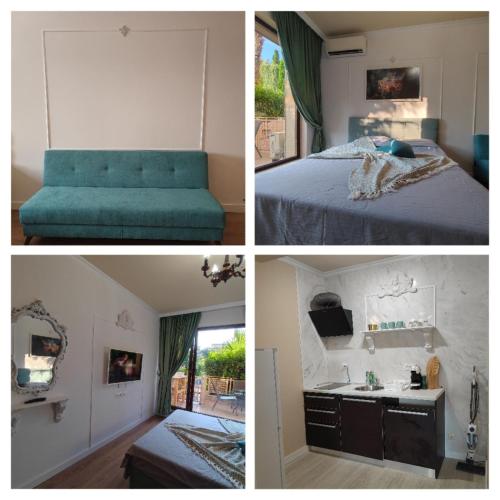 4 Bilder eines Schlafzimmers mit blauem Sofa und Waschbecken in der Unterkunft Argisht Marina LUX Studio APT606 in Goldstrand