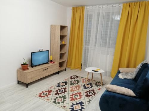a living room with a tv and a blue couch at AMM Apartament Grigorescu in Cluj-Napoca