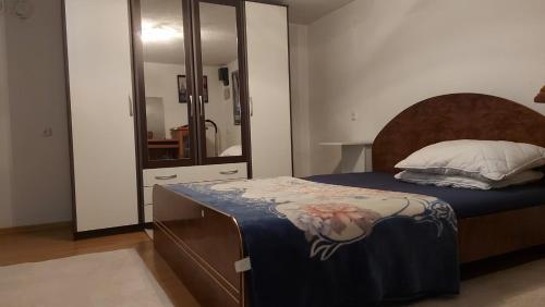 een slaapkamer met een bed en een grote spiegel bij Dina's house in Cazin