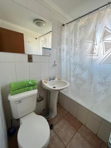 uma casa de banho com um WC, um lavatório e um chuveiro em hotel american em Ovalle