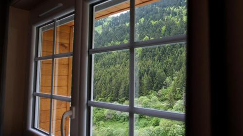 an open window with a view of a forest at La Sapinière St Lary Soulan in Saint-Lary-Soulan