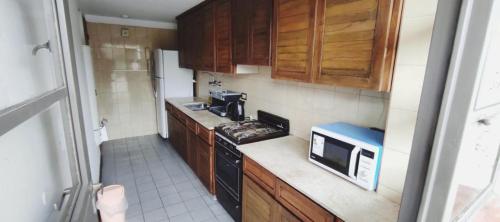 a small kitchen with a stove and a microwave at Departamento calle España in Mendoza