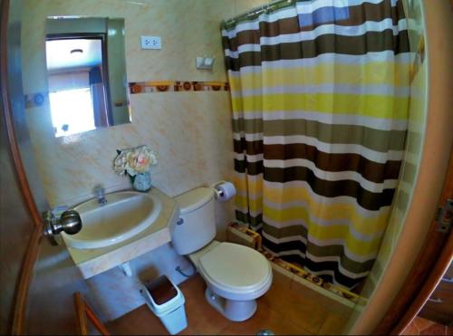 een badkamer met een toilet, een wastafel en een douche bij Hotel San Isidro in Pisco