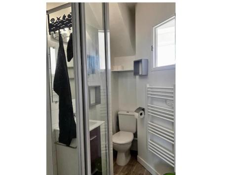 ein kleines Bad mit einem WC und einem Fenster in der Unterkunft T2, calme, 38 m2, plein centre, à 150 m du port. in Le Pouliguen