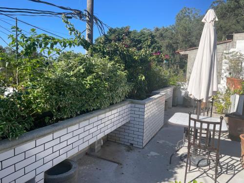 a patio with chairs and an umbrella and plants at Hotel Hasta La Vista in Antigua Guatemala