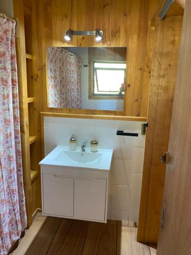 a bathroom with a white sink and a mirror at Cabañas Ranco Lauken in Lago Ranco
