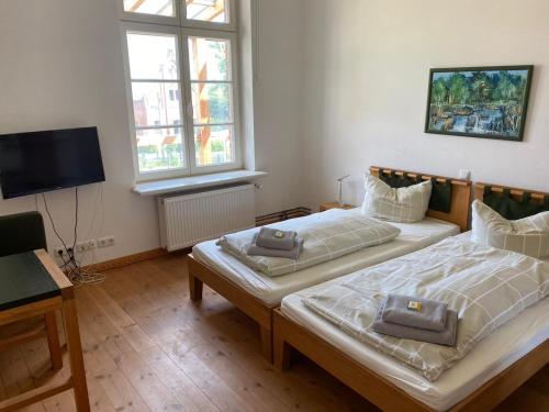 two twin beds in a room with a television at Gutshaus mit Seeblick - ökologisch & nachhaltig in Lübow