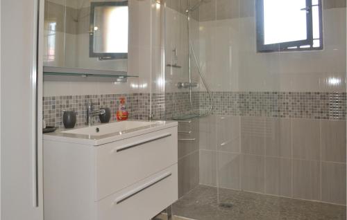 La salle de bains blanche est pourvue d'un lavabo et d'une douche. dans l'établissement Nice Home In Blis Et Born With Kitchenette, à Blis-et-Born