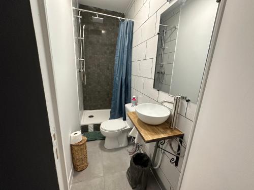 uma pequena casa de banho com lavatório e WC em Love Room avec Jacuzzi proche Paris et Roissy CDG em Persan