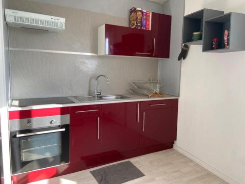 cocina con armarios rojos, fregadero y nevera en F2 65m2 parking privé avec une belle vue, en Metz