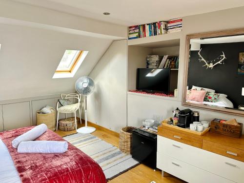 ein Schlafzimmer mit einem Bett und einem TV in einem Zimmer in der Unterkunft Heathers loft space in London