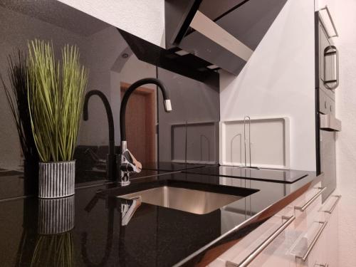 a black and white kitchen with a sink at GOLD Apartman in Sanski most