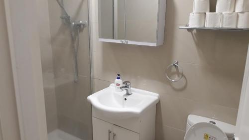 a small bathroom with a sink and a shower at 30 willesden lane in London