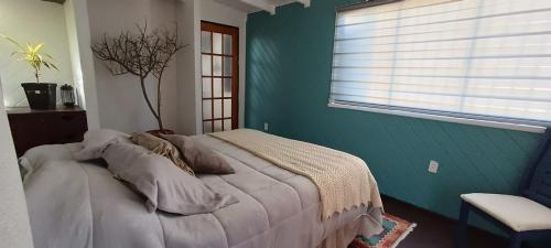 1 dormitorio con 1 cama grande y pared verde en Aldea Bahiguana, en Bahía Inglesa