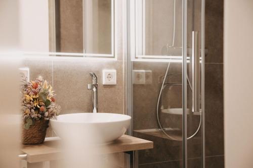 W łazience znajduje się umywalka i prysznic. w obiekcie House of Blooms w mieście Fulda