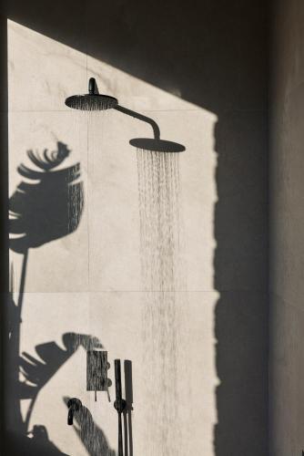 a bathroom shower with a shower head on a wall at Naxian Rhapsody in Stelida