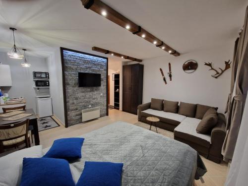 a living room with a couch and a table at Green life, Bansko, private studio c-17 in Bansko