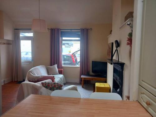 a living room with a couch and a tv at Cosy Cottage in the City in Dublin