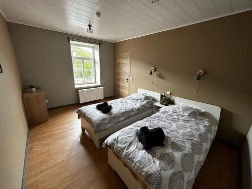 een slaapkamer met 2 bedden en een raam bij Le Coin Rocheux in La-Roche-en-Ardenne