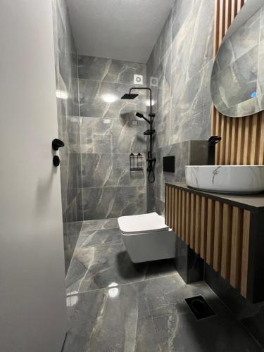 a bathroom with a sink and a toilet and a mirror at Lux apartments Crystal-center in Bihać