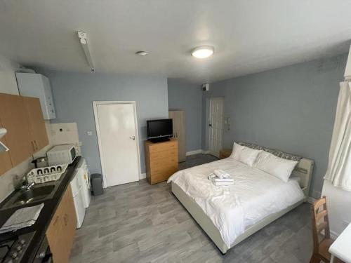 a small room with a bed and a kitchen at New Studio on Golders Green RD in London