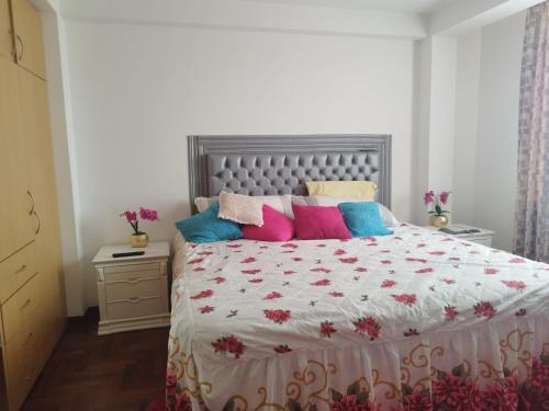 een slaapkamer met een bed met roze en blauwe kussens bij Valentina House in Tacna