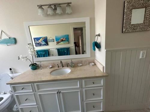 a bathroom with a sink and a mirror at Mojito Breeze Getaway sleeps 11 and 2 full bathroom islamorada tavanier dock in Tavernier