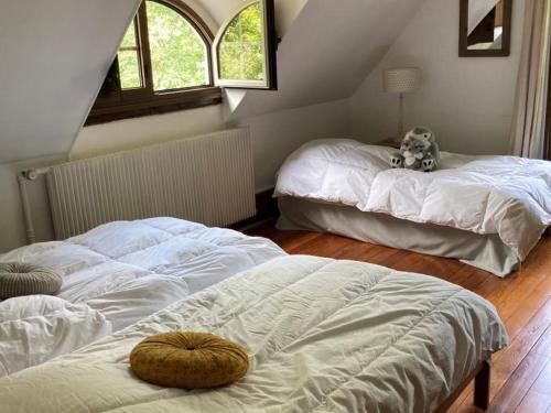 a bedroom with two beds and a stuffed dog sitting on top at Gîte Clairefontaine-en-Yvelines, 3 pièces, 5 personnes - FR-1-527-8 in Clairefontaine