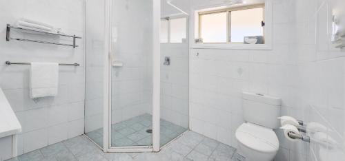 a white bathroom with a toilet and a shower at Golf Club Motor Inn Wingham in Wingham