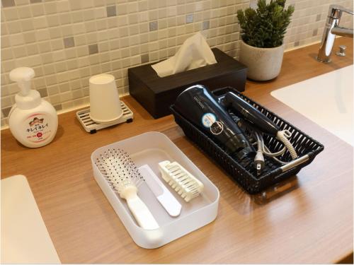 a counter with a sink with a comb and a hair brush at Pension Hinode in Hachimantai