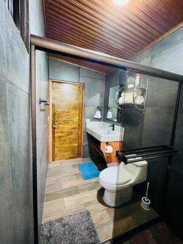 a bathroom with a toilet and a sink at Cabañas La Montaña in Monteverde Costa Rica
