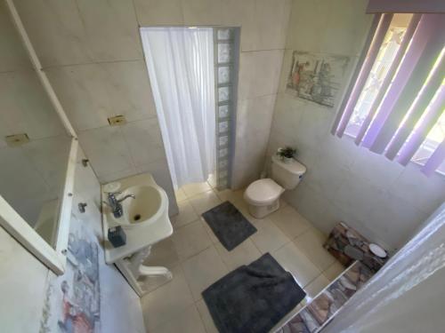 een kleine badkamer met een wastafel en een toilet bij Chateau la Mel 