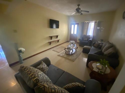 a living room with couches and a dog sitting in the middle at Chateau la Mel 